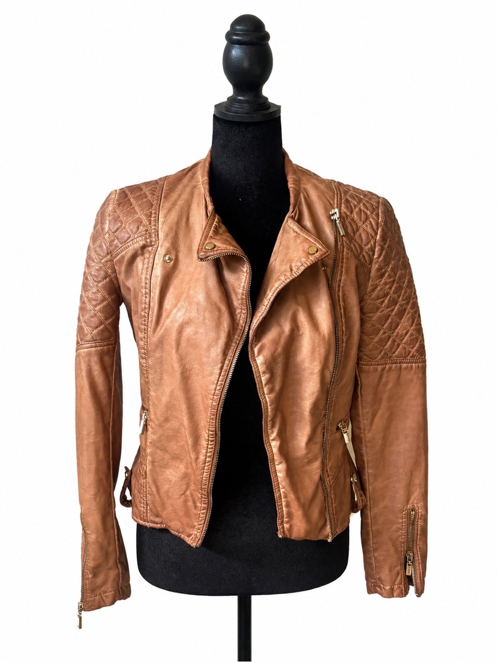 Bershka Quilted Shoulder Brown Leather Moto Jacket